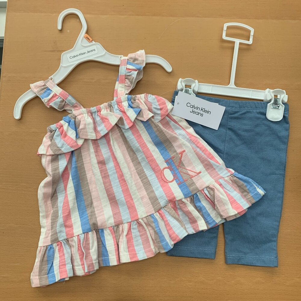 Calvin Klein Baby Girl 2-Piece Ruffle Top & Legging Set | Pink Blue Striped | 12